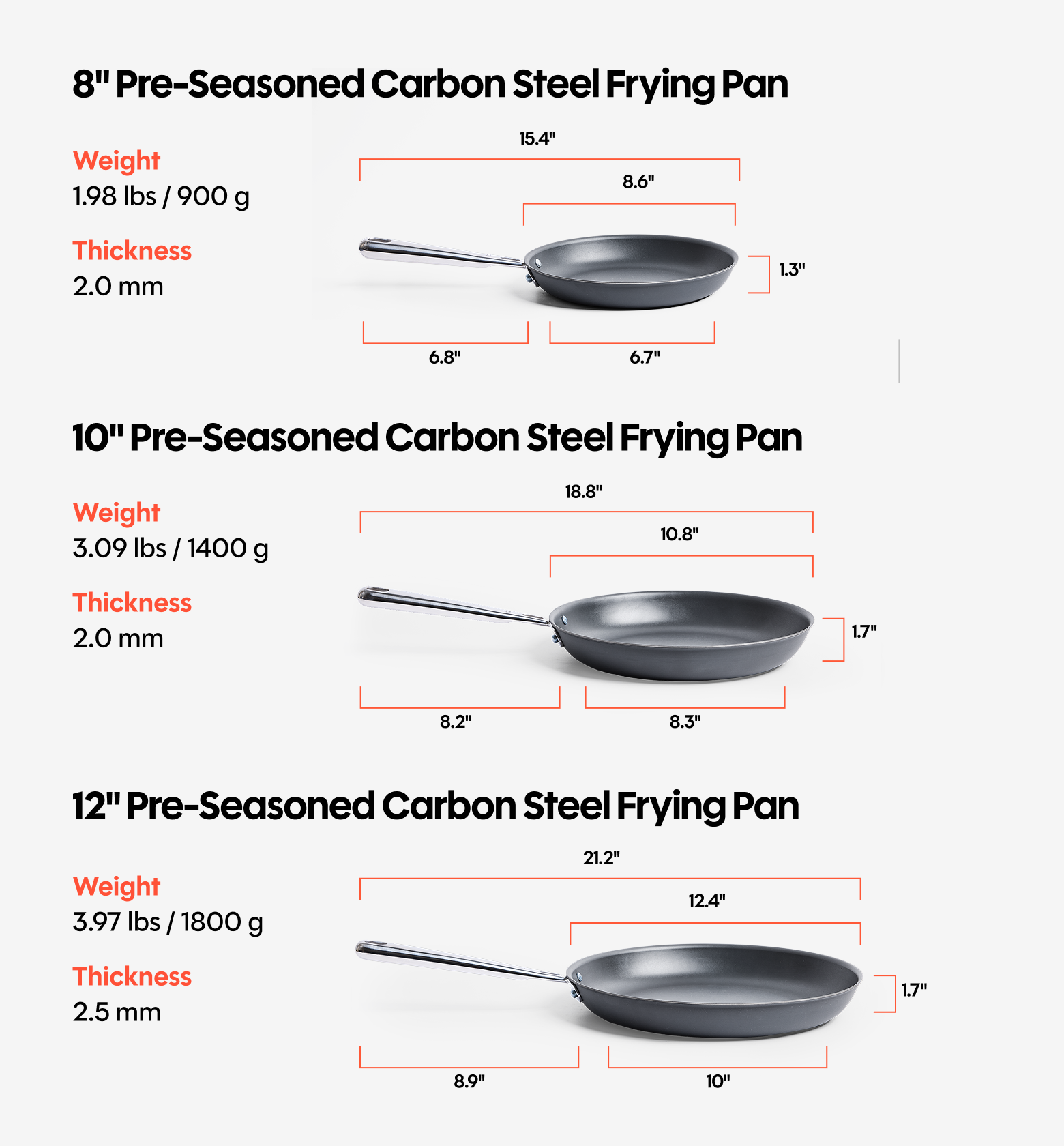 8" + 10" + 12" Pre-Seasoned Carbon Steel Frying Pan